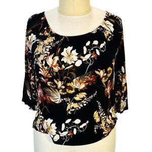 Lascana Venus Blouse Womens L Black Brown Floral Bell Sleeve Flare Hem Gathered
